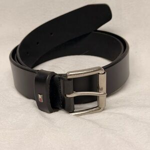Tommy Hilfiger Black Leather Belt with Silver Buckle